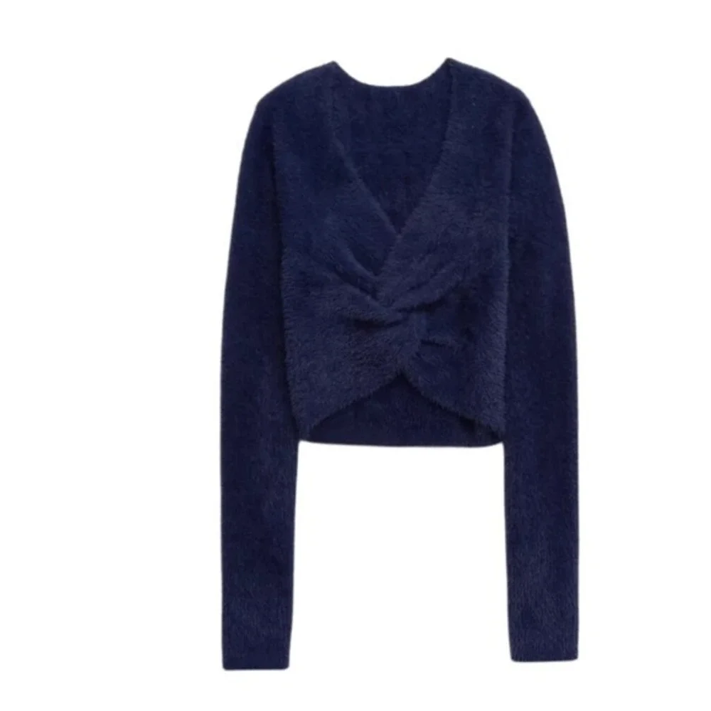 Aerie Fluffy-4-Ever Reversible Twist Sweater‎ Navy Blue Super-Soft Knit M